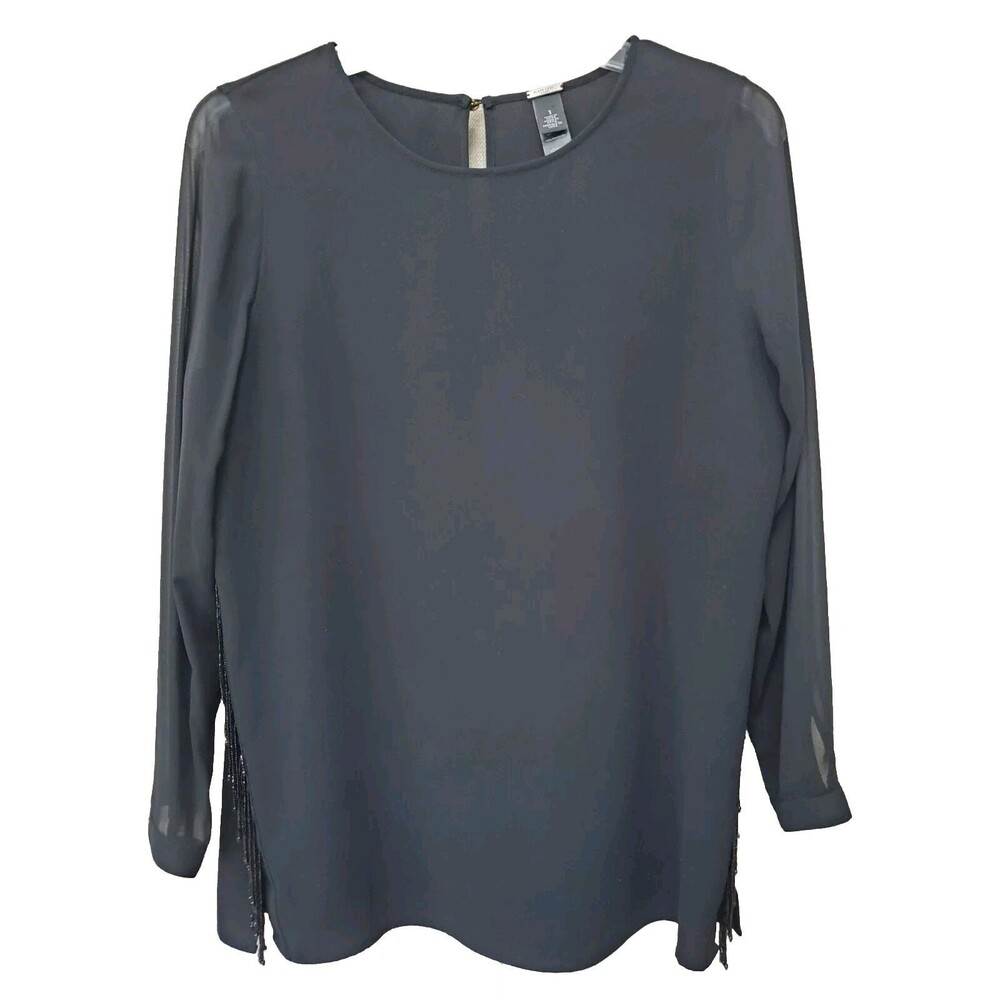Chico's Black Label Chiffon Sleeve Beaded Fringe Blouse Size 1 Medium